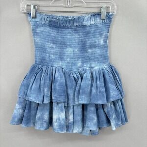 Honorine Skirt Womens Small Blue Tie Dye Smocked Ruffle Mini Cotton Made in USA